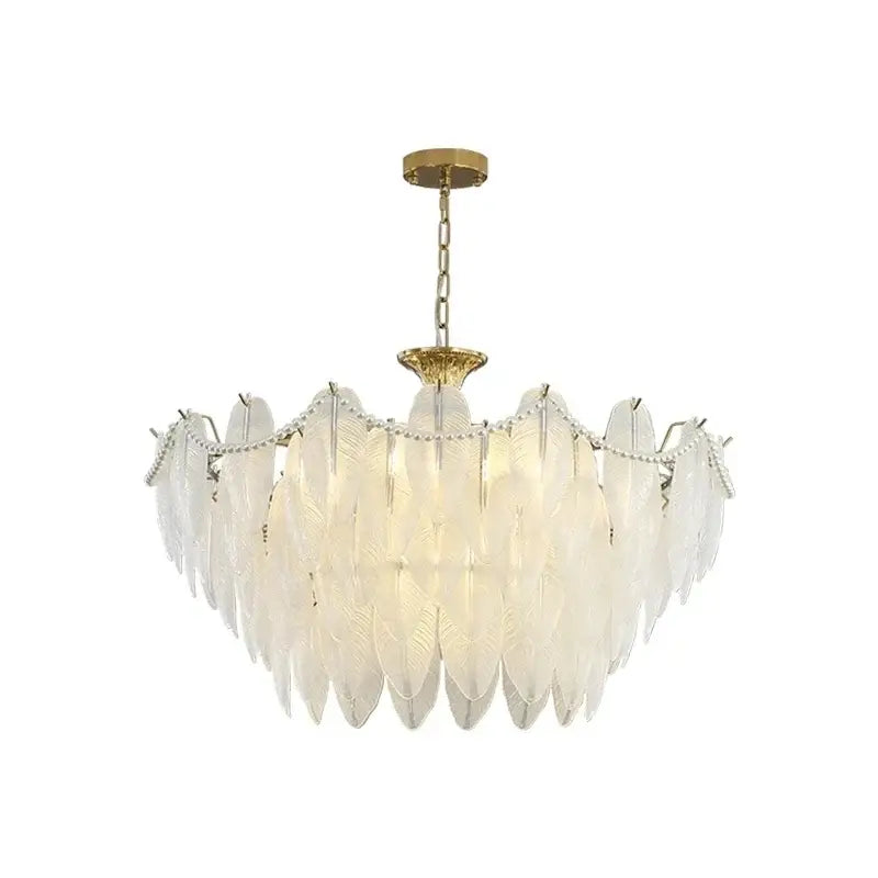 Gold Crystal Feather Chandelier Pearl Layered