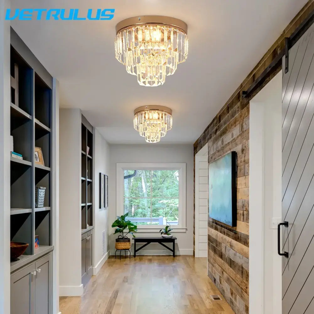 Gold Crystal Pendant Chandelier Dual Mount Style