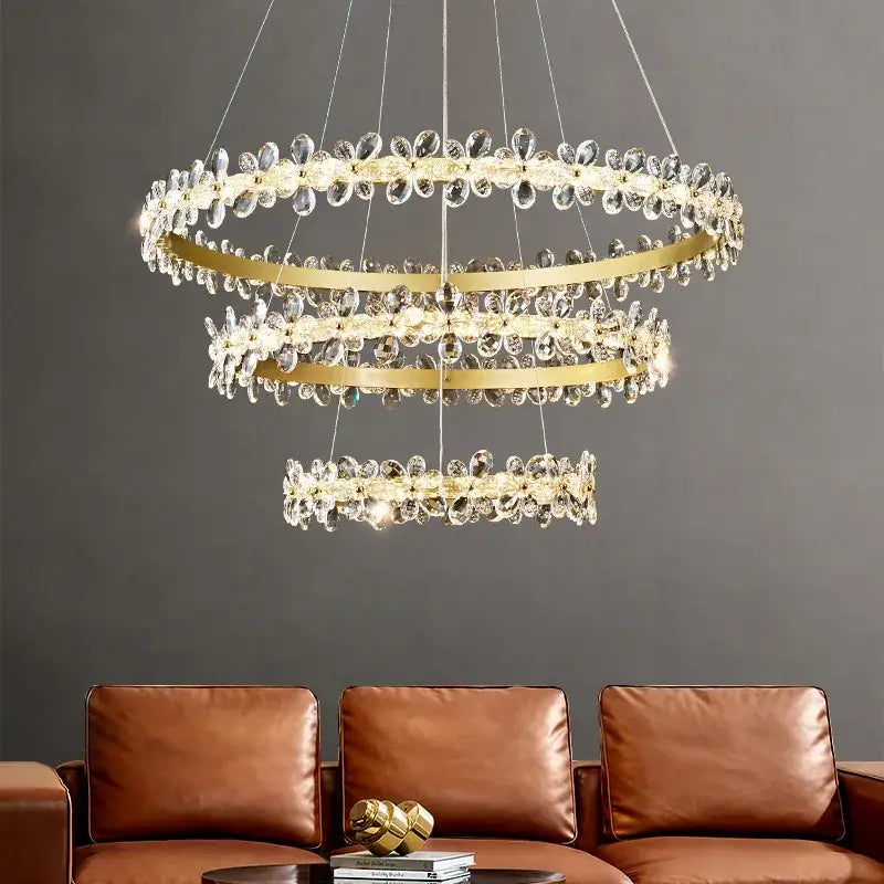 Gold Crystal Pendant Chandelier Remote-Controlled