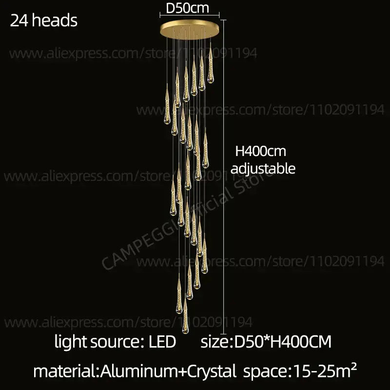 Gold Crystal 48-Head Hall Pendant Chandelier