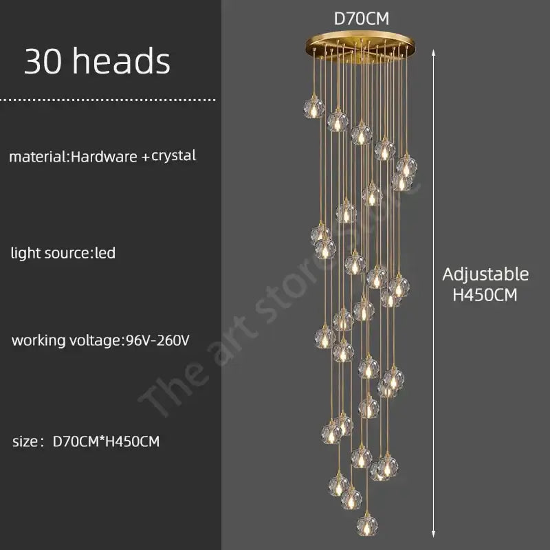 Gold Crystal Stair 30-Head Cascading Chandelier