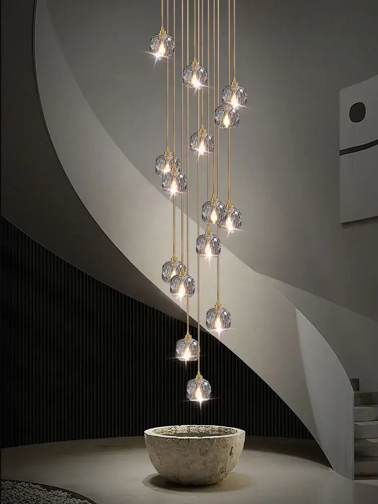 Gold Crystal Stair 30-Head Cascading Chandelier