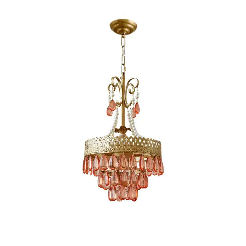 Gold Crystal Chandelier with Pink Glass Beads