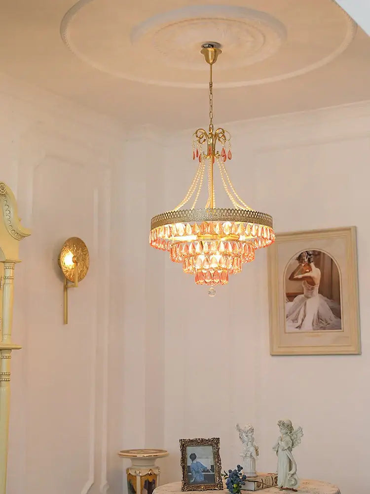 Gold Crystal Chandelier with Pink Glass Beads