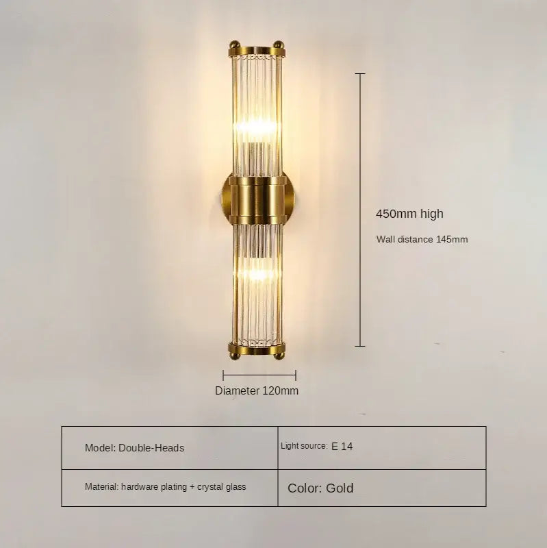 Gold Crystal 2-Head Bedroom Wall Sconce