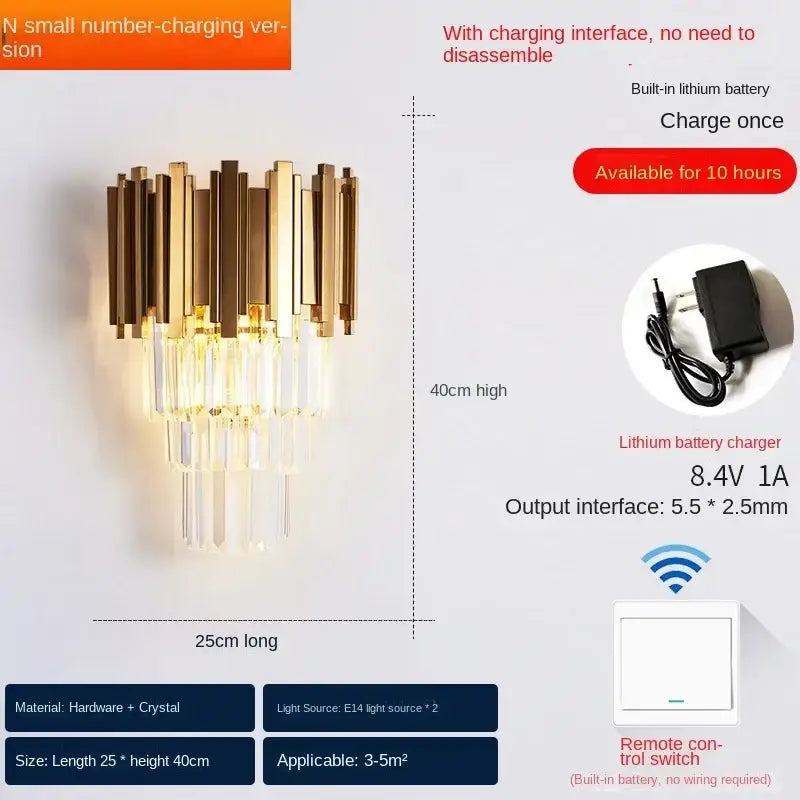 Gold Crystal Wall Lamp Wireless Rechargeable