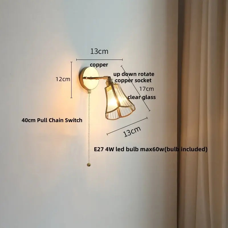 Gold Glass LED Sconce with Pull Chain Nordic Style