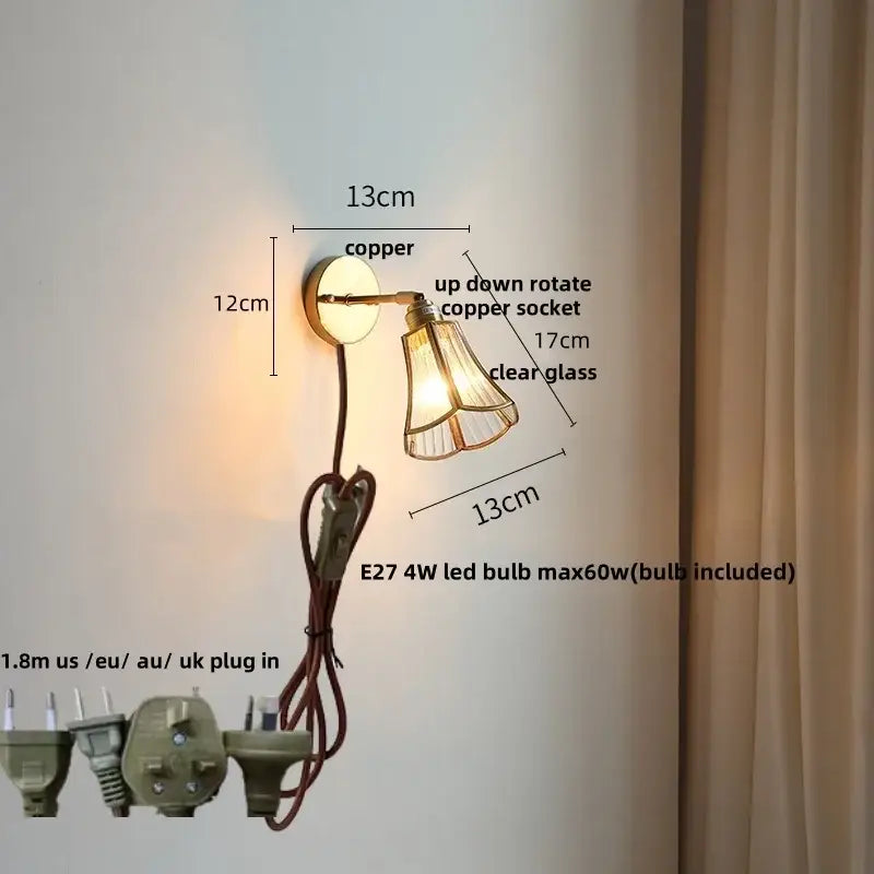 Gold Glass LED Sconce with Pull Chain Nordic Style