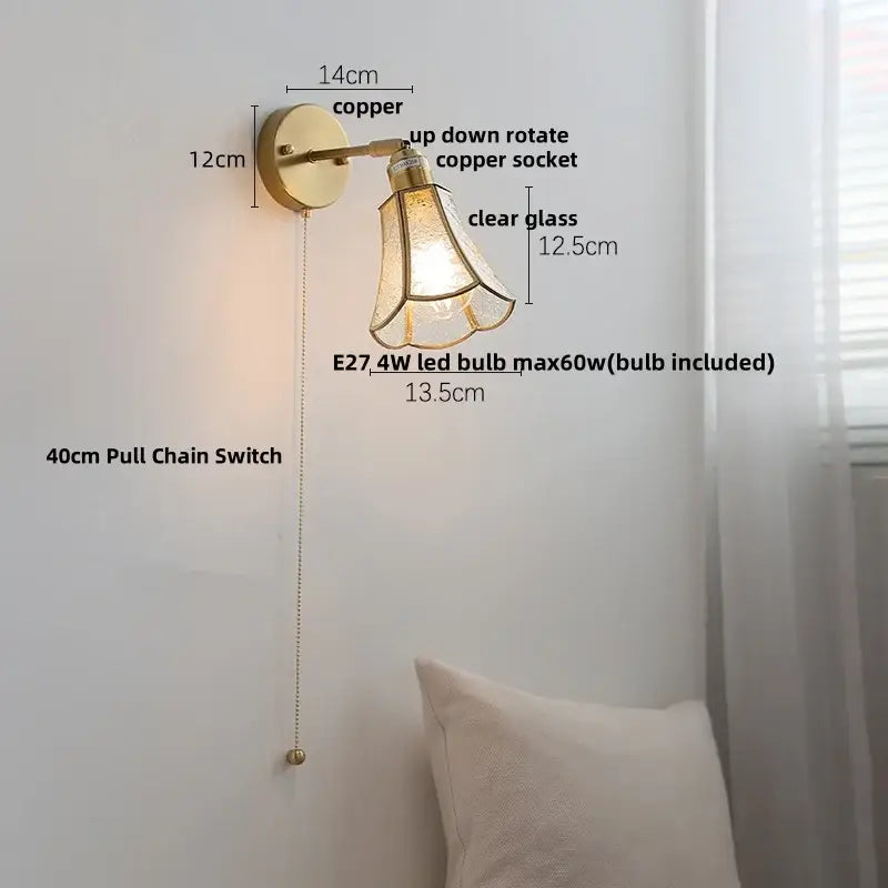 Gold Glass LED Sconce with Pull Chain Nordic Style