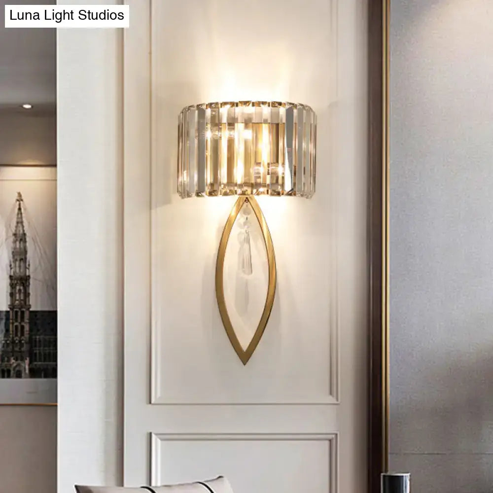 Gold Crystal Drum Sconce Dual-Light Metallic