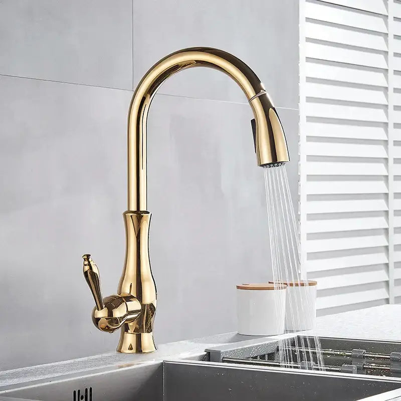 Gold Swivel Kitchen Faucet with Pull-Down Sprayer