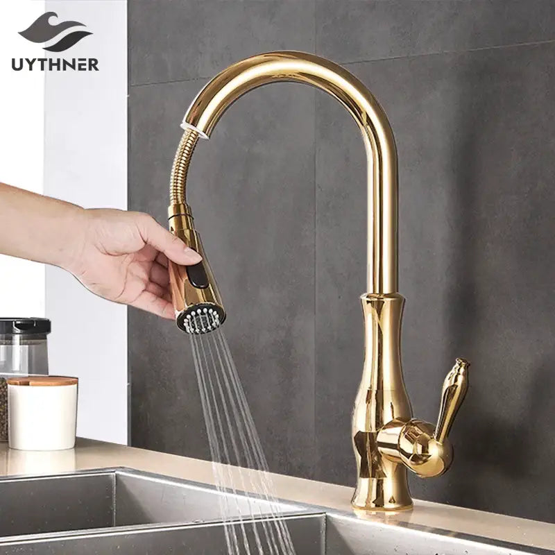 Gold Swivel Kitchen Faucet with Pull-Down Sprayer