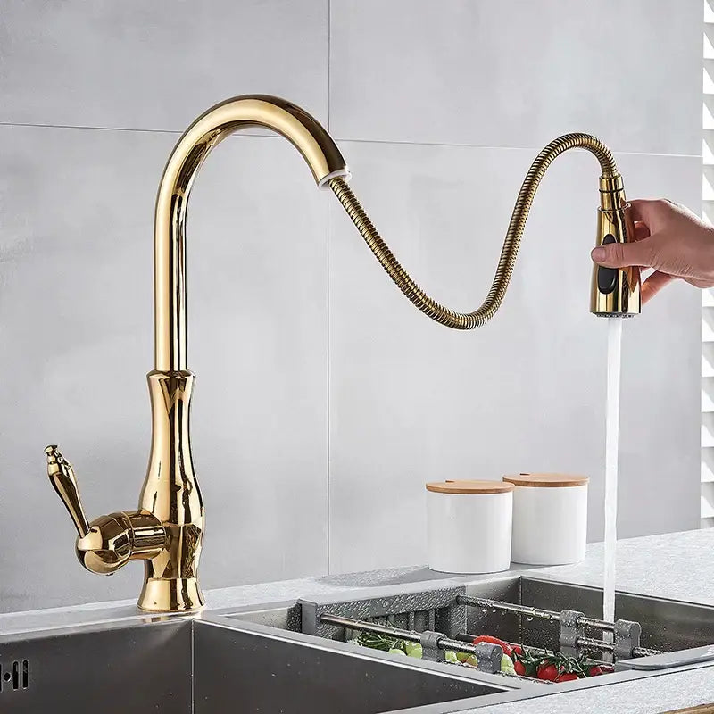 Gold Swivel Kitchen Faucet with Pull-Down Sprayer