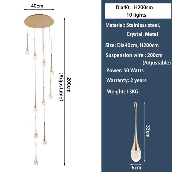 Gold Crystal 30-Light 350cm Staircase Chandelier
