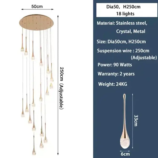 Gold Crystal 30-Light 350cm Staircase Chandelier