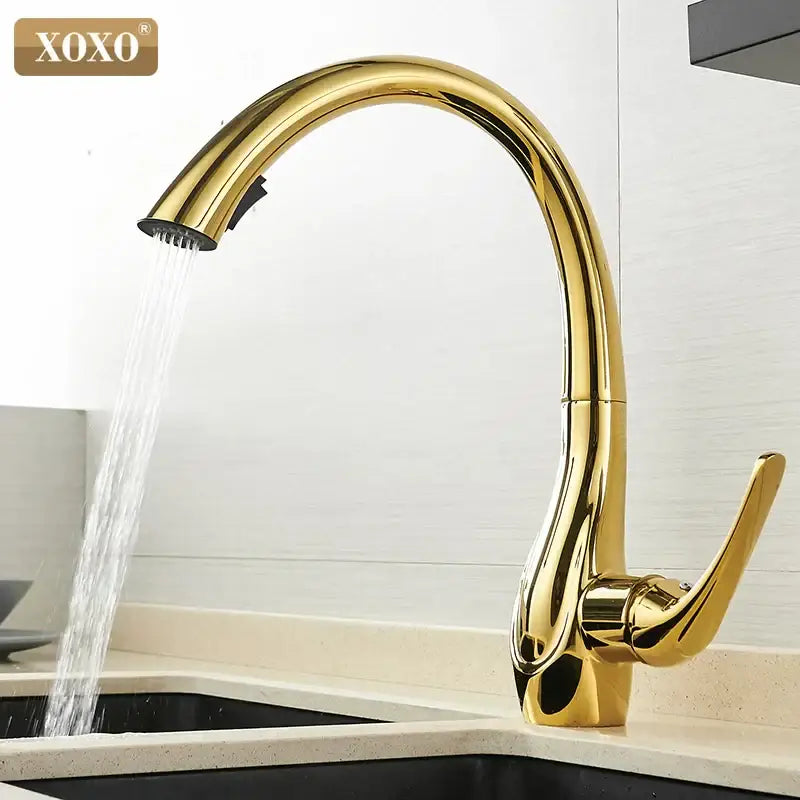 Gold Pull-Out Kitchen Faucet Brass Single-Handle
