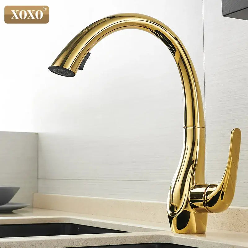 Gold Pull-Out Kitchen Faucet Brass Single-Handle