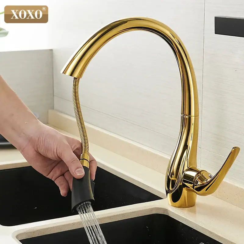 Gold Pull Out Kitchen Faucet 360-Degree Swivel