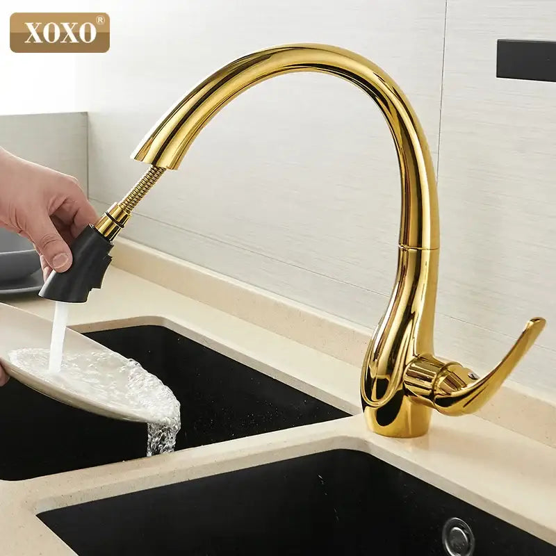 Gold Pull Out Kitchen Faucet 360-Degree Swivel