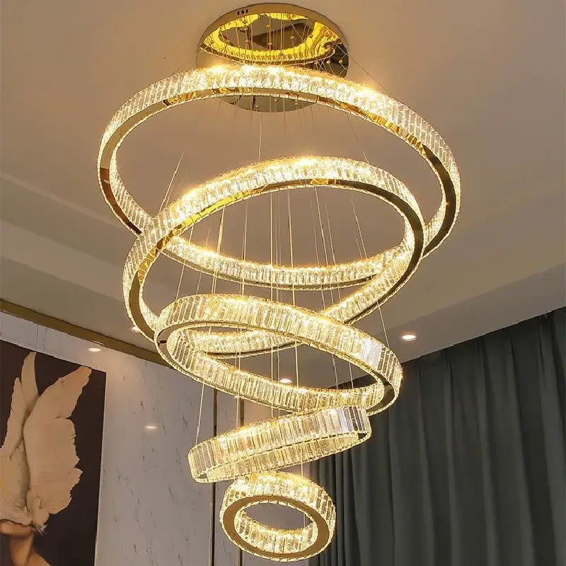 Gold Round Crystal 7-Ring Staircase Chandelier