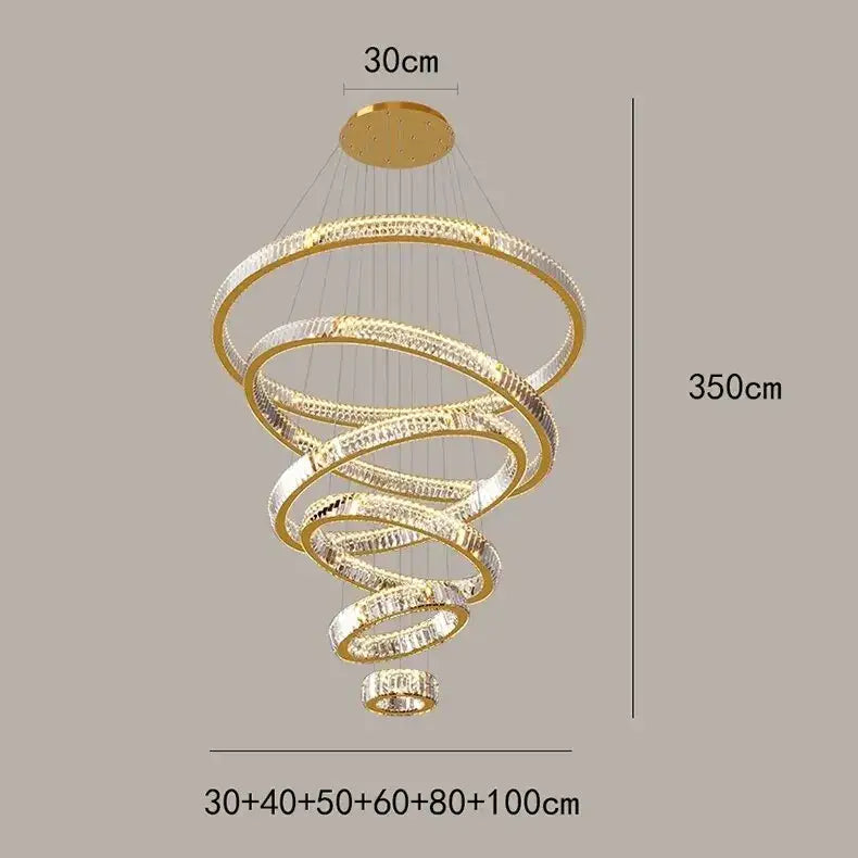Gold Round Crystal 7-Ring Staircase Chandelier