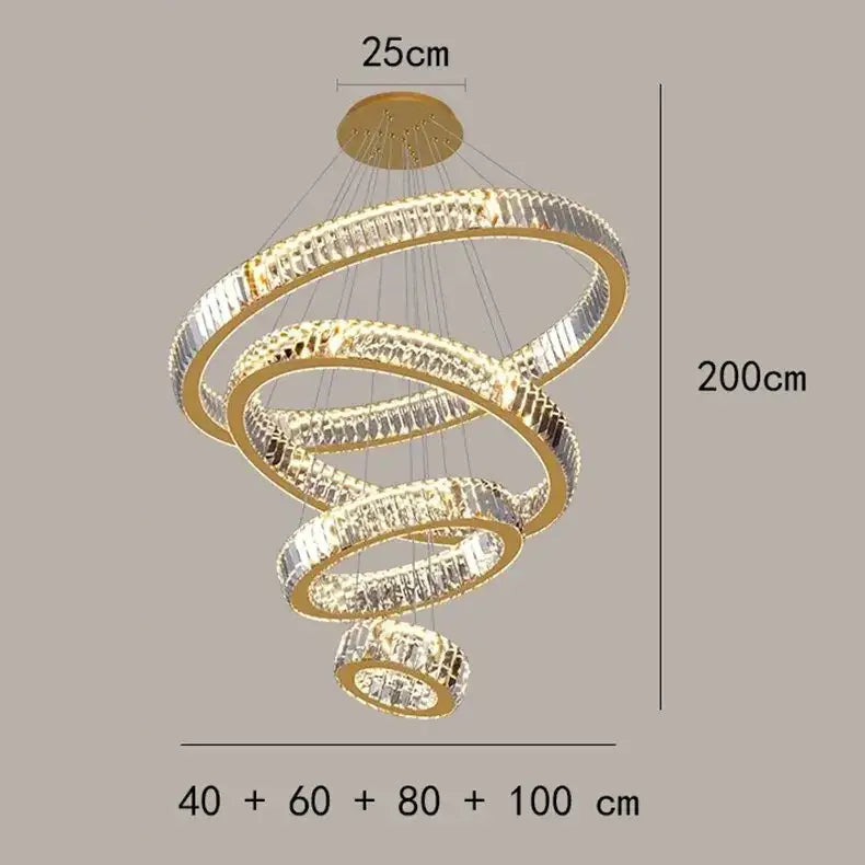 Gold Round Crystal 7-Ring Staircase Chandelier