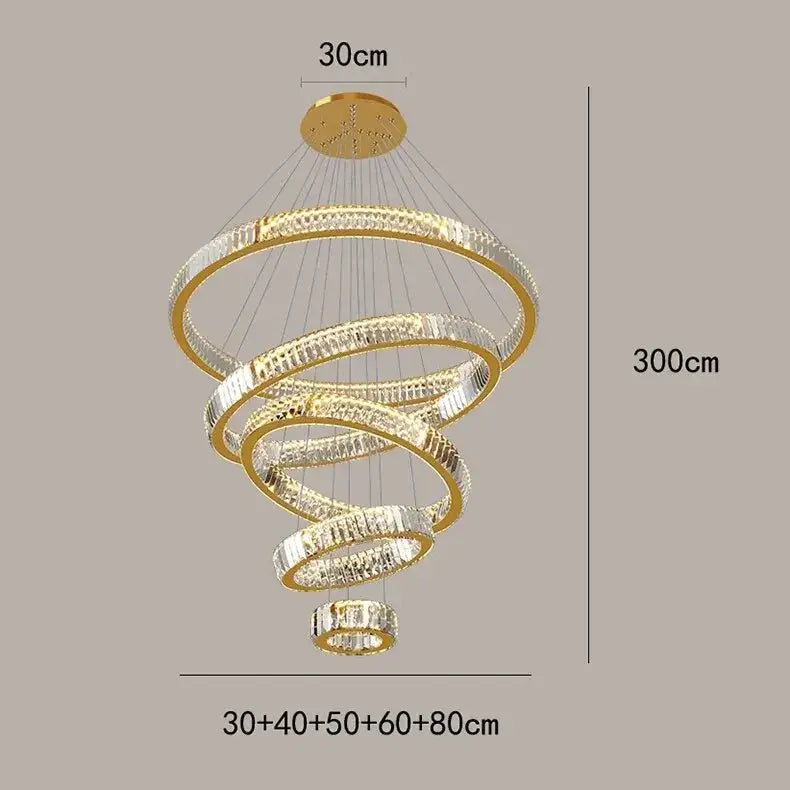 Gold Round Crystal 7-Ring Staircase Chandelier