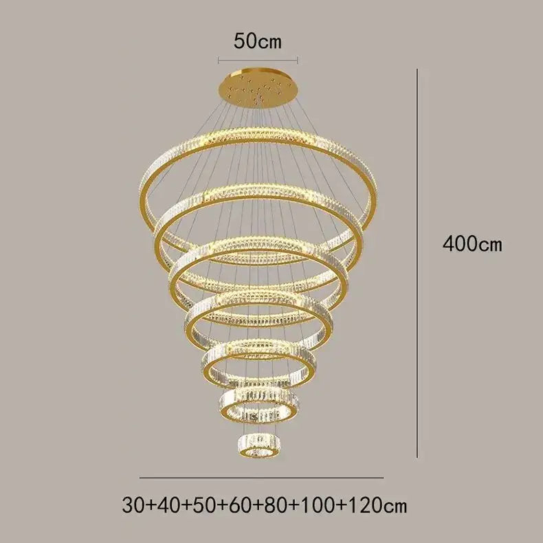 Gold Round Crystal 7-Ring Staircase Chandelier