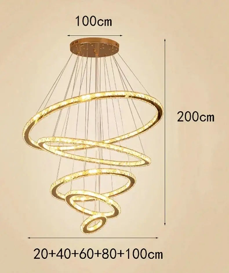 Gold Crystal Stair 6-Ring Spiral Chandelier