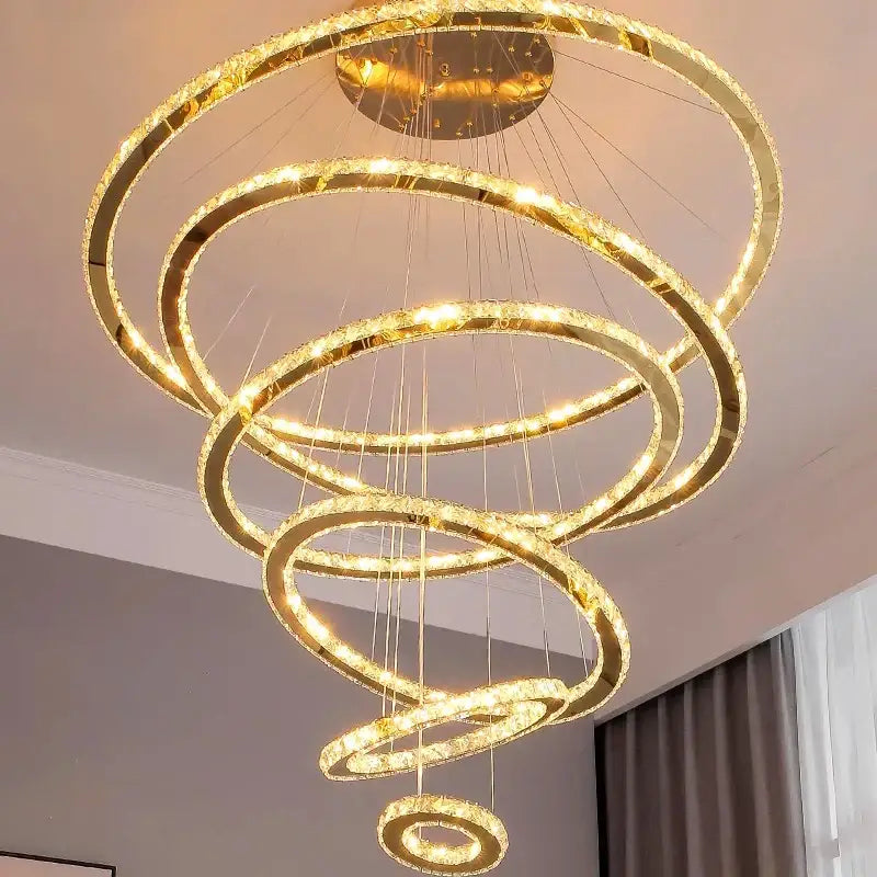 Gold Crystal Stair 6-Ring Spiral Chandelier