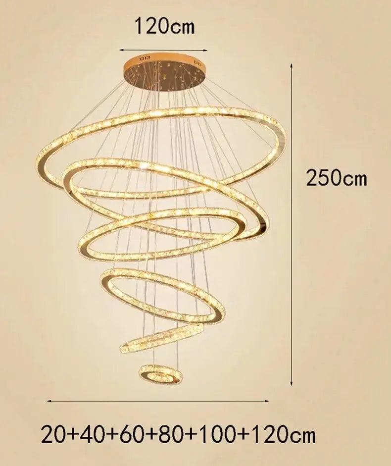 Gold Crystal Stair 6-Ring Spiral Chandelier