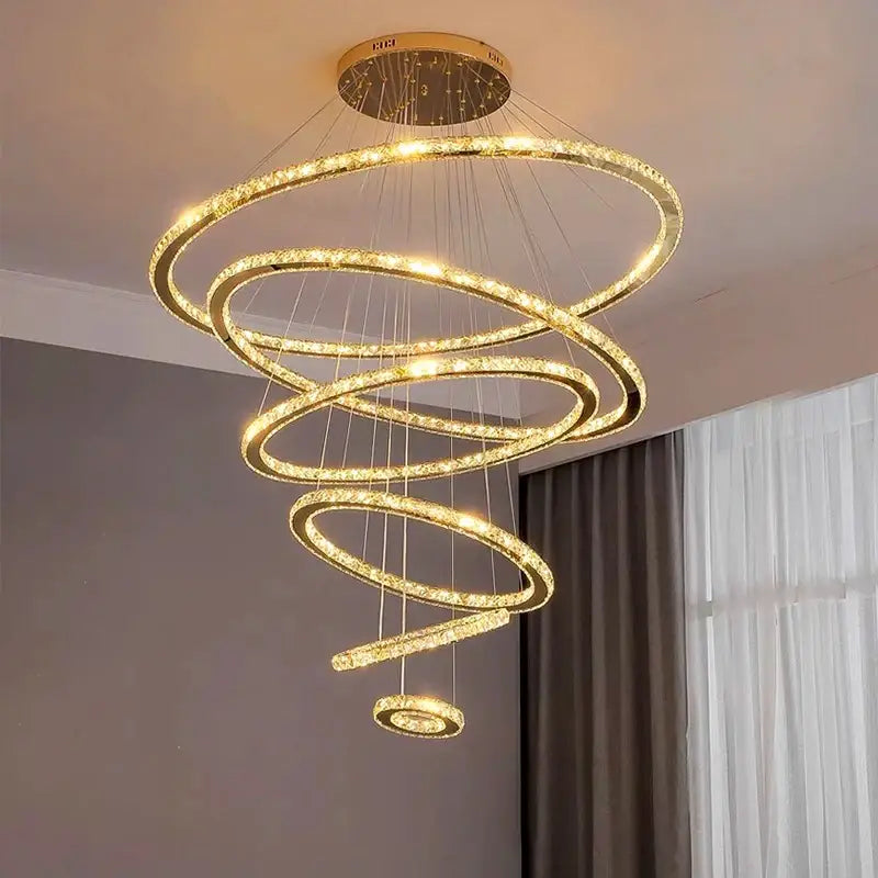 Gold Crystal Stair 6-Ring Spiral Chandelier