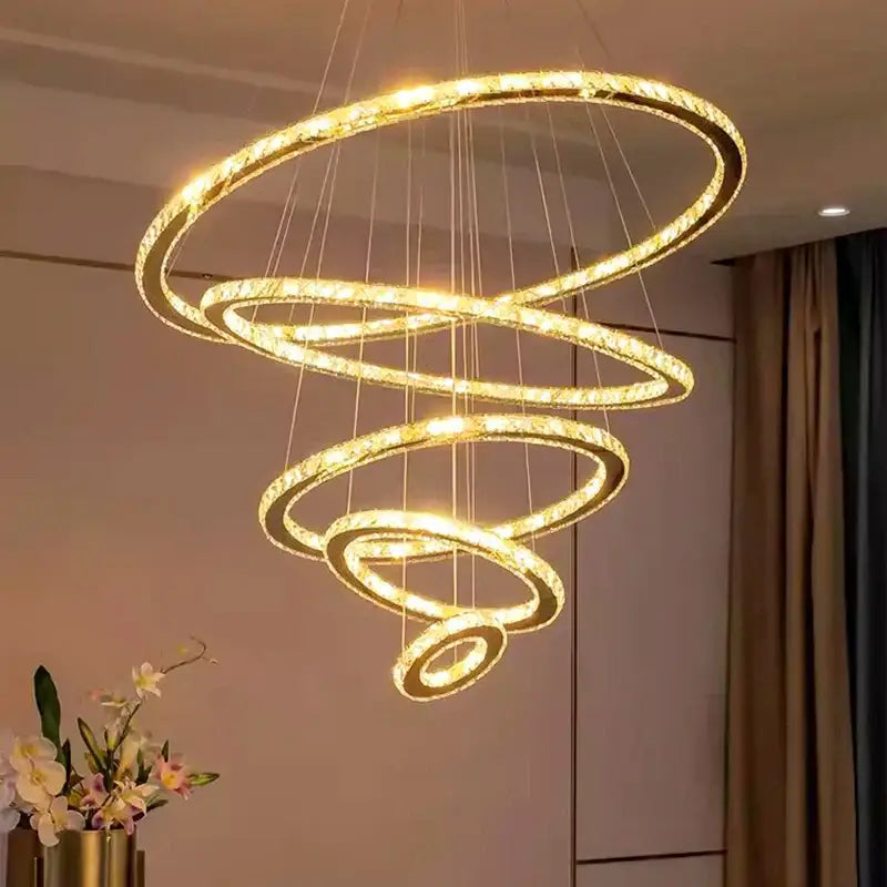 Gold Crystal Stair 6-Ring Spiral Chandelier