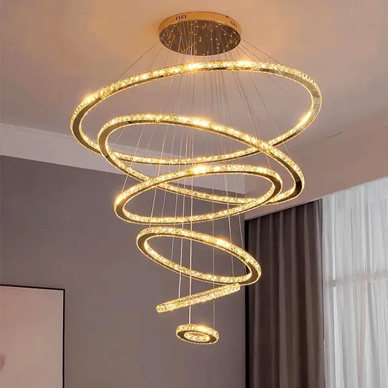 Gold Crystal Stair 6-Ring Spiral Chandelier