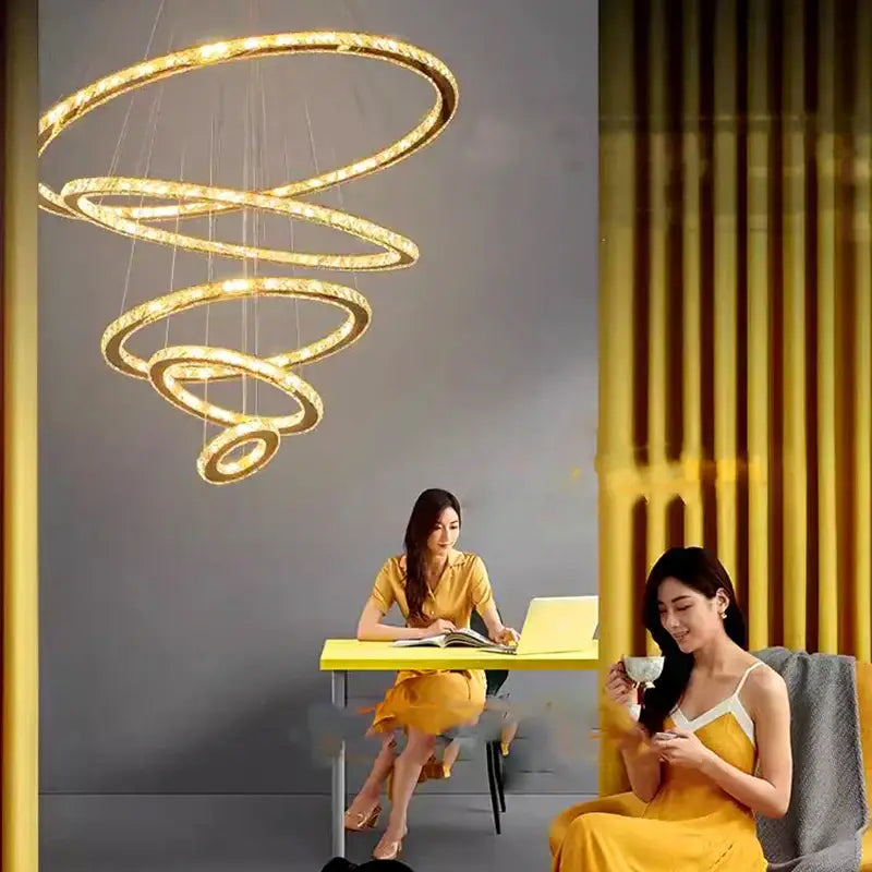 Gold Crystal Stair 6-Ring Spiral Chandelier