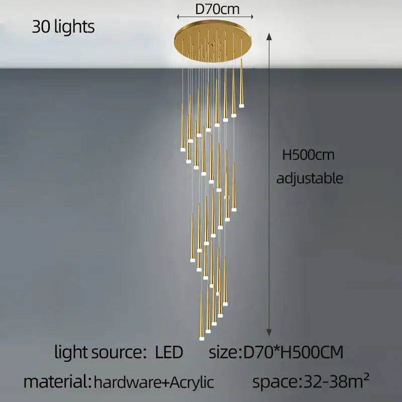 Gold Tapered LED Chandelier 30-Head Design