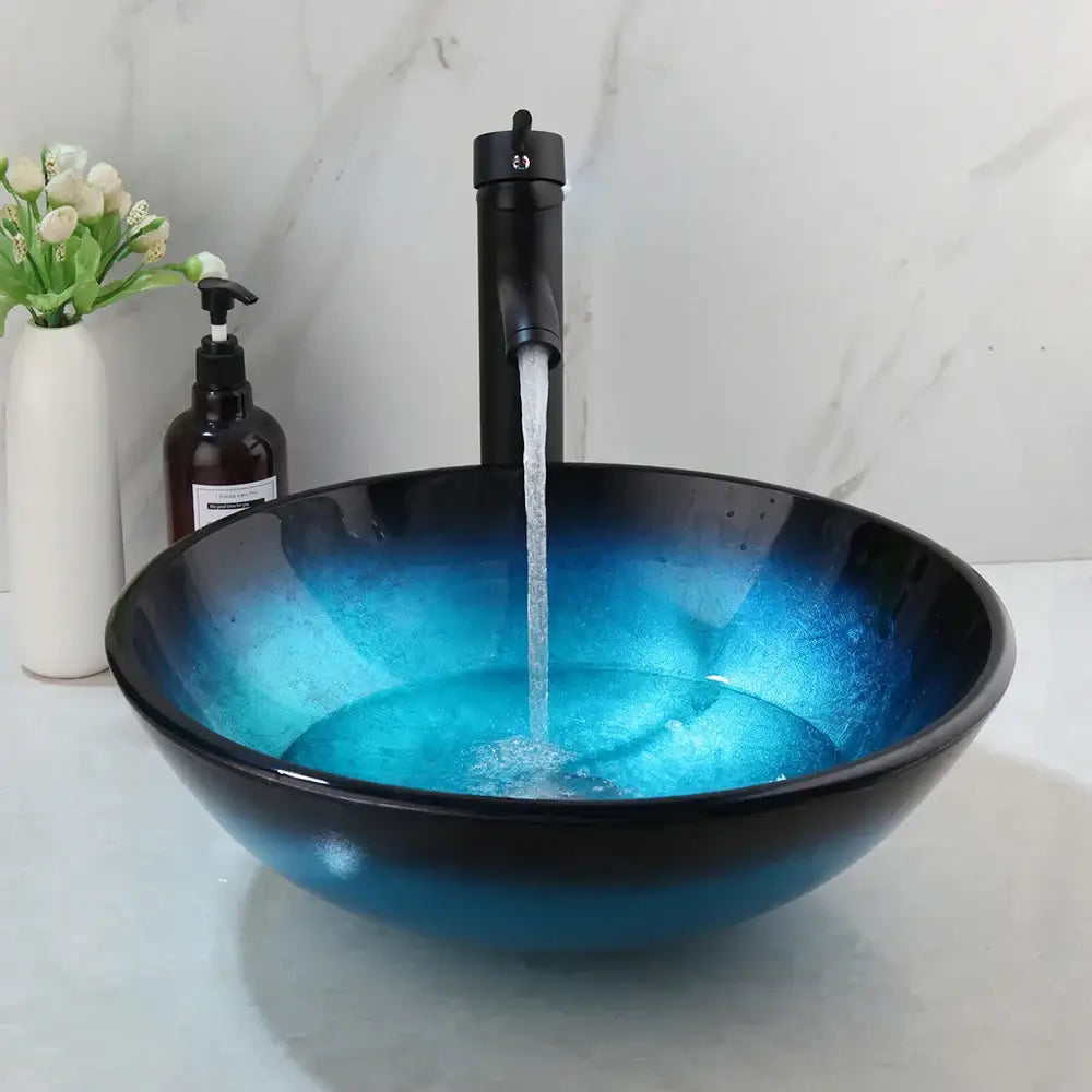 Blue Glass Vessel Sink Set with Black Mixer