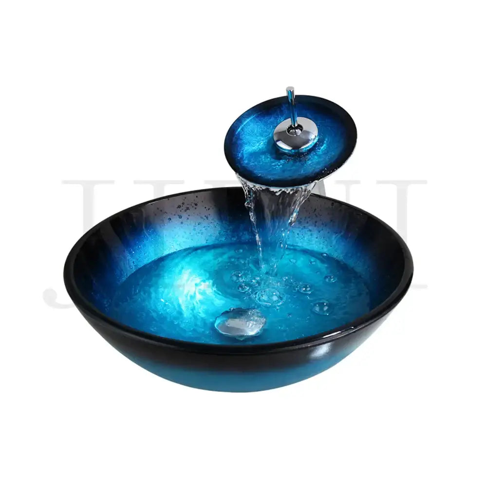 Blue Glass Vessel Sink Set with Black Mixer