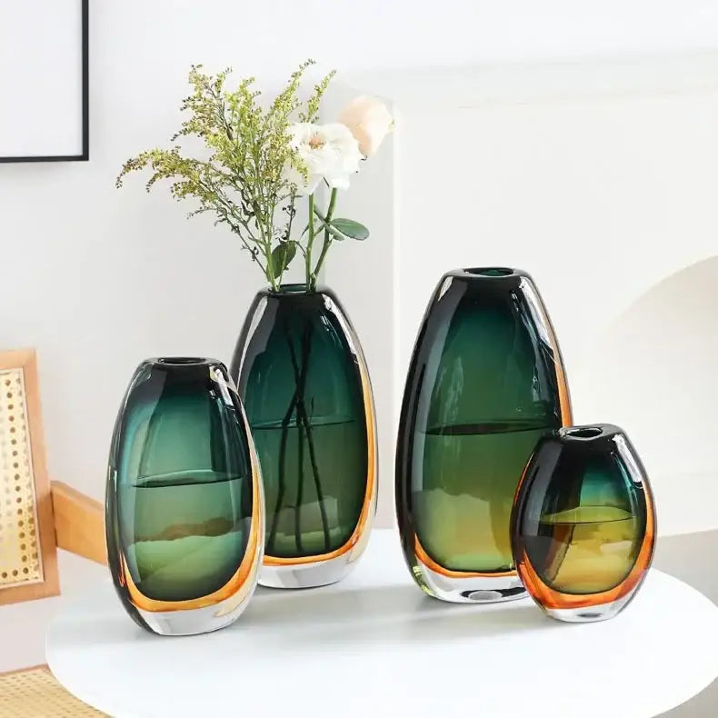 Green Amber Glass Vase Set