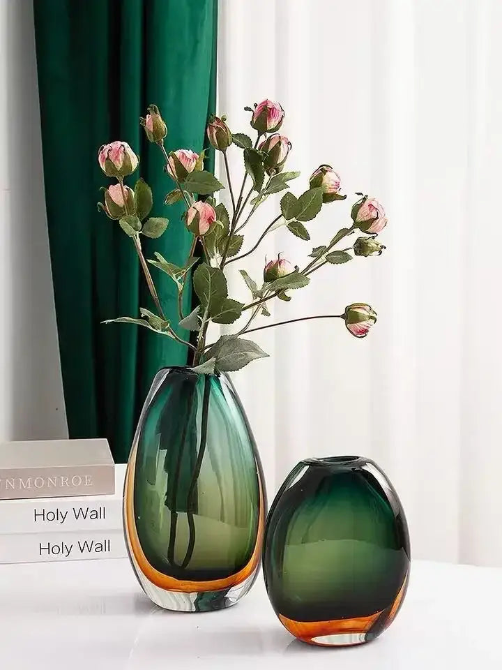 Green Amber Glass Vase Set
