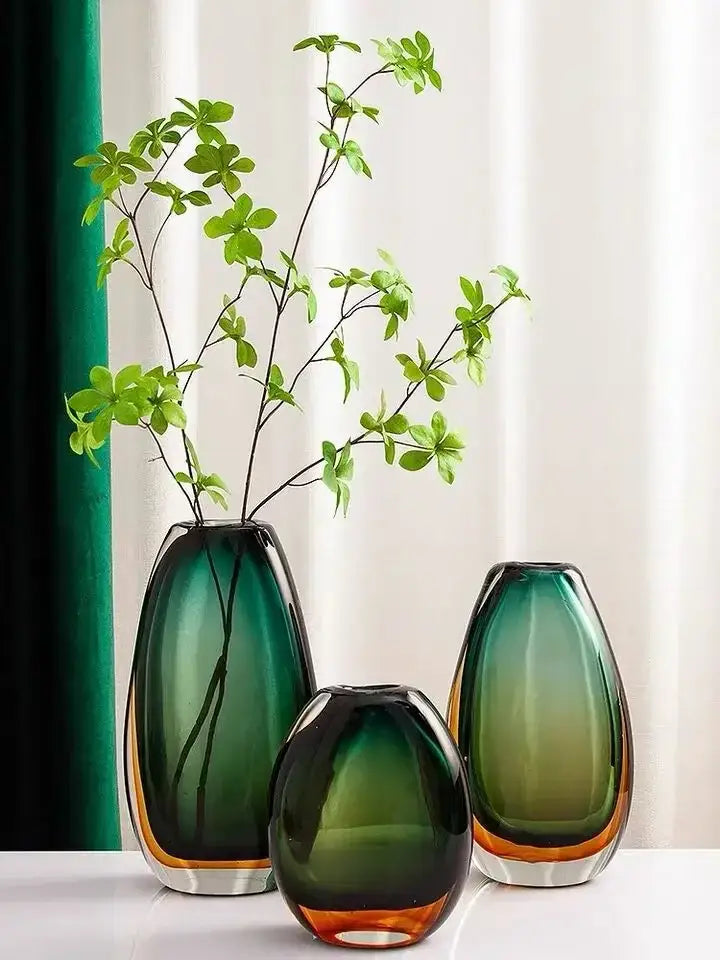 Green Amber Glass Vase Set