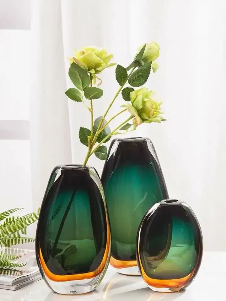 Green Amber Glass Vase Set