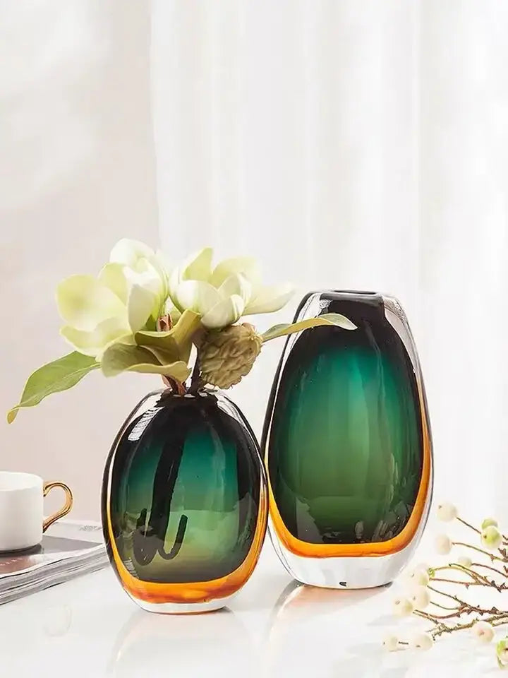 Green Amber Glass Vase Set