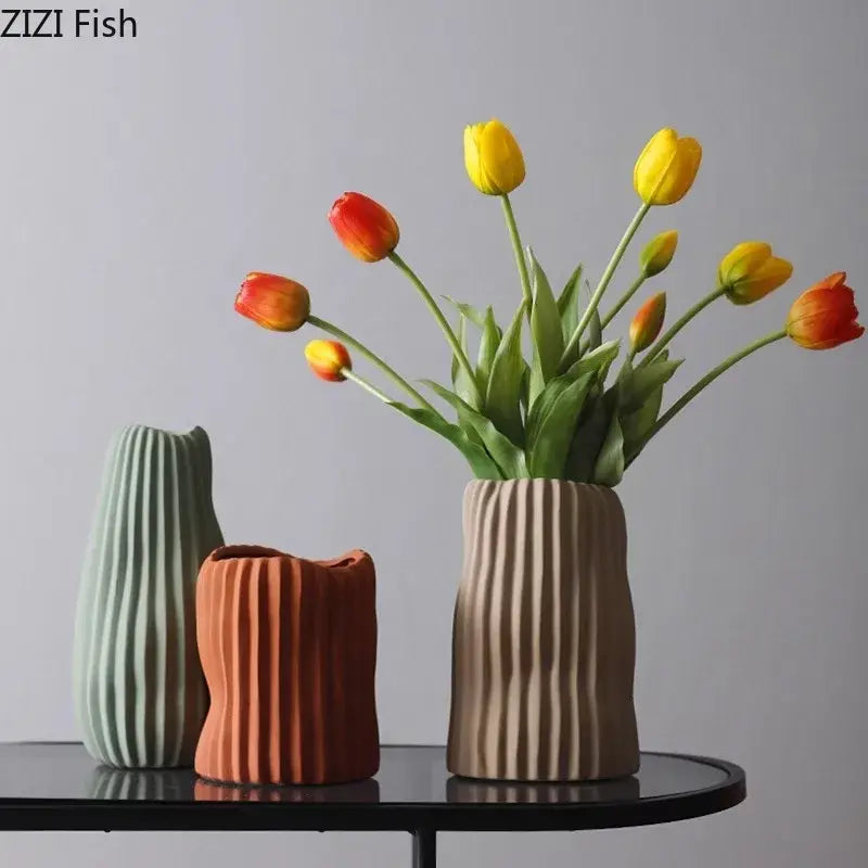 Ceramic Ribbed Vase Trio