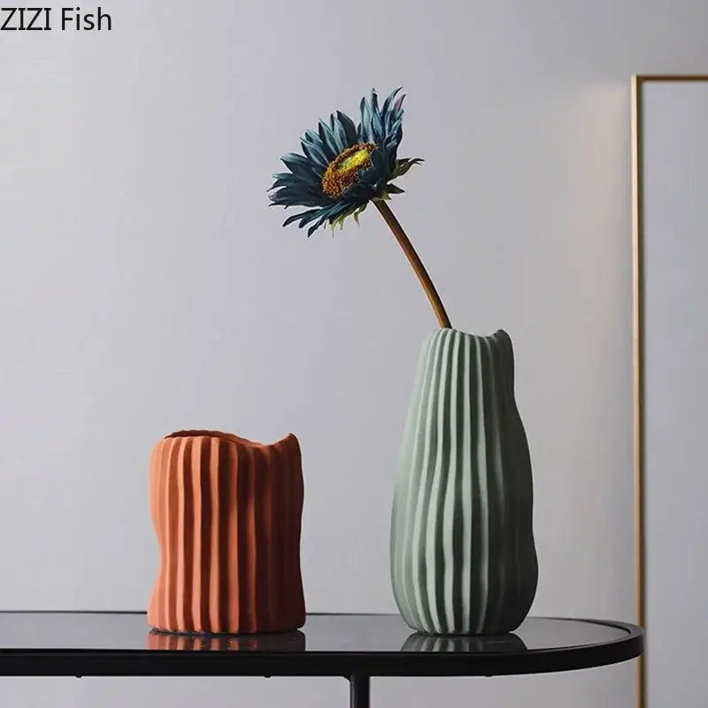 Ceramic Ribbed Vase Trio
