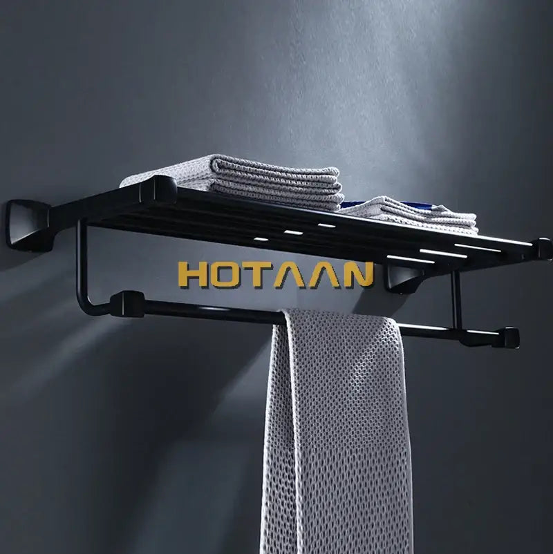 Black Aluminum Towel Rack With Integrated Hooks