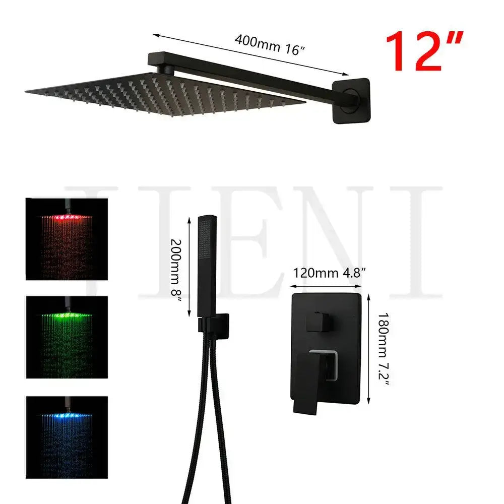 Black LED Shower Faucet Set 16-Inch Ceiling