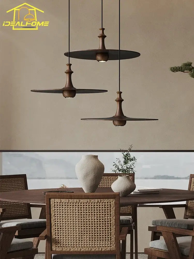 Black Solid Wood Pendant Light 3-Head