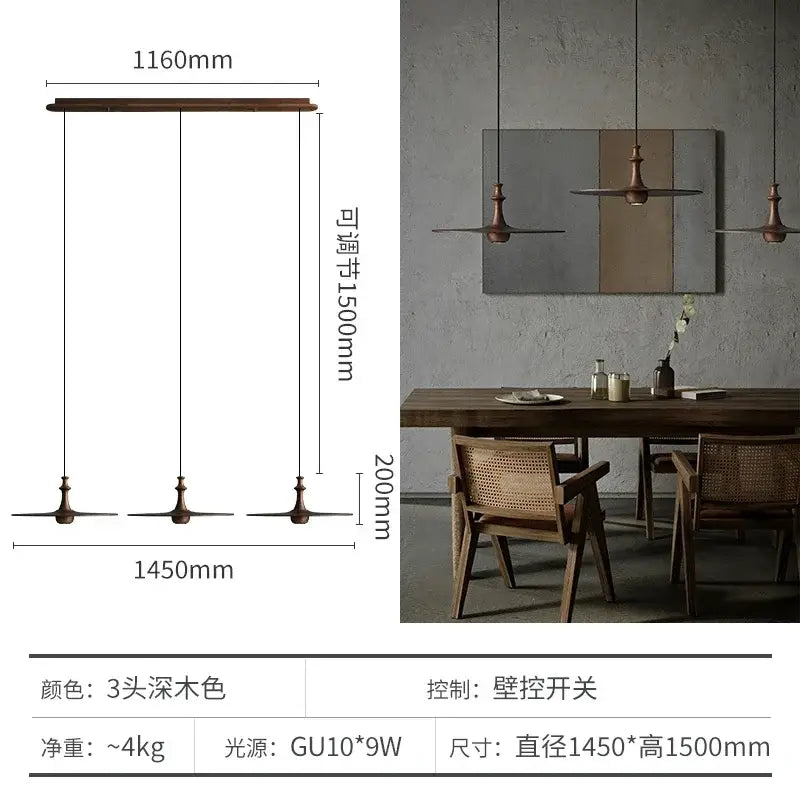 Black Solid Wood Pendant Light 3-Head
