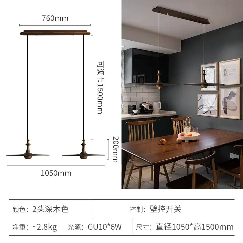 Black Solid Wood Pendant Light 3-Head